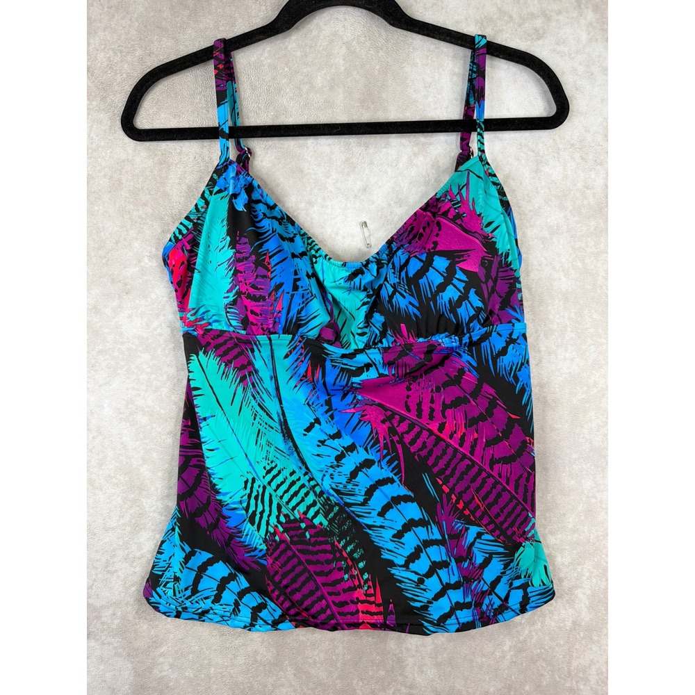 Caribbean Joe Tankini Top Womens 18 Multicolor Tropical Feather Print‎ V-Neck